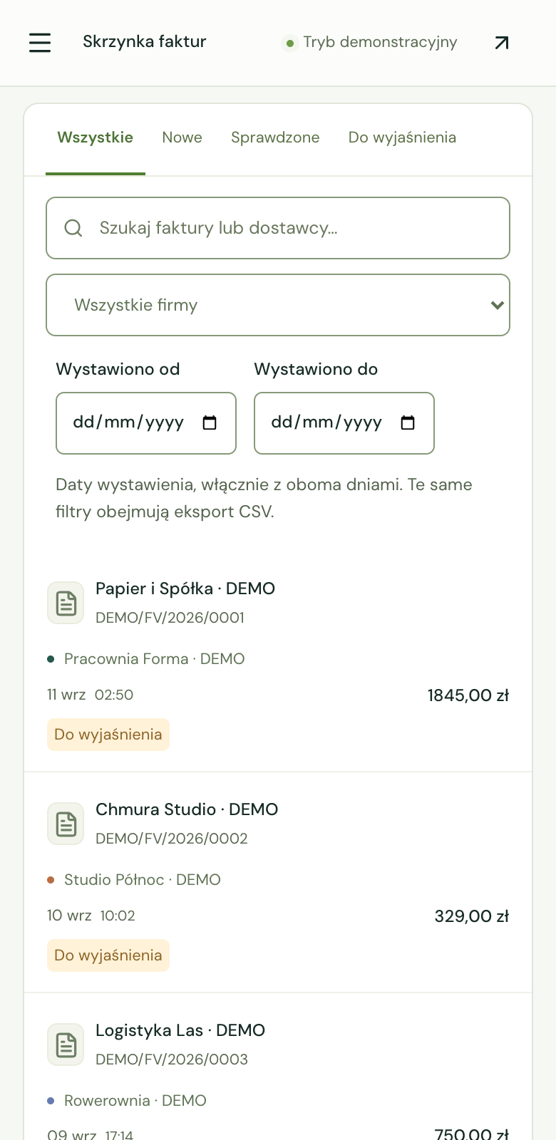 Skrzynka faktur KSeF Pilot na telefonie: lista dokumentów przykładowych ze statusami i kwotami